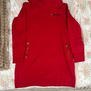 Tommy Hilfiger Red Sweatshirt Dress | Size XS | Cozy Zip Pockets